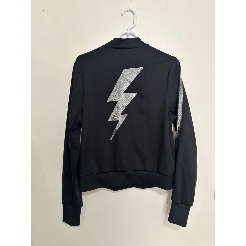 Ultracor Black Silver Glitter Lightning Bolt Bomber Jacket Womens Medium Zip Up